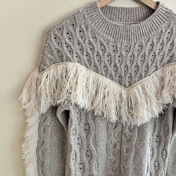 Amur Ulla Fringe Beige Cable Knit Merino Wool Round Neck Womens Size S Pullover - Picture 4 of 16